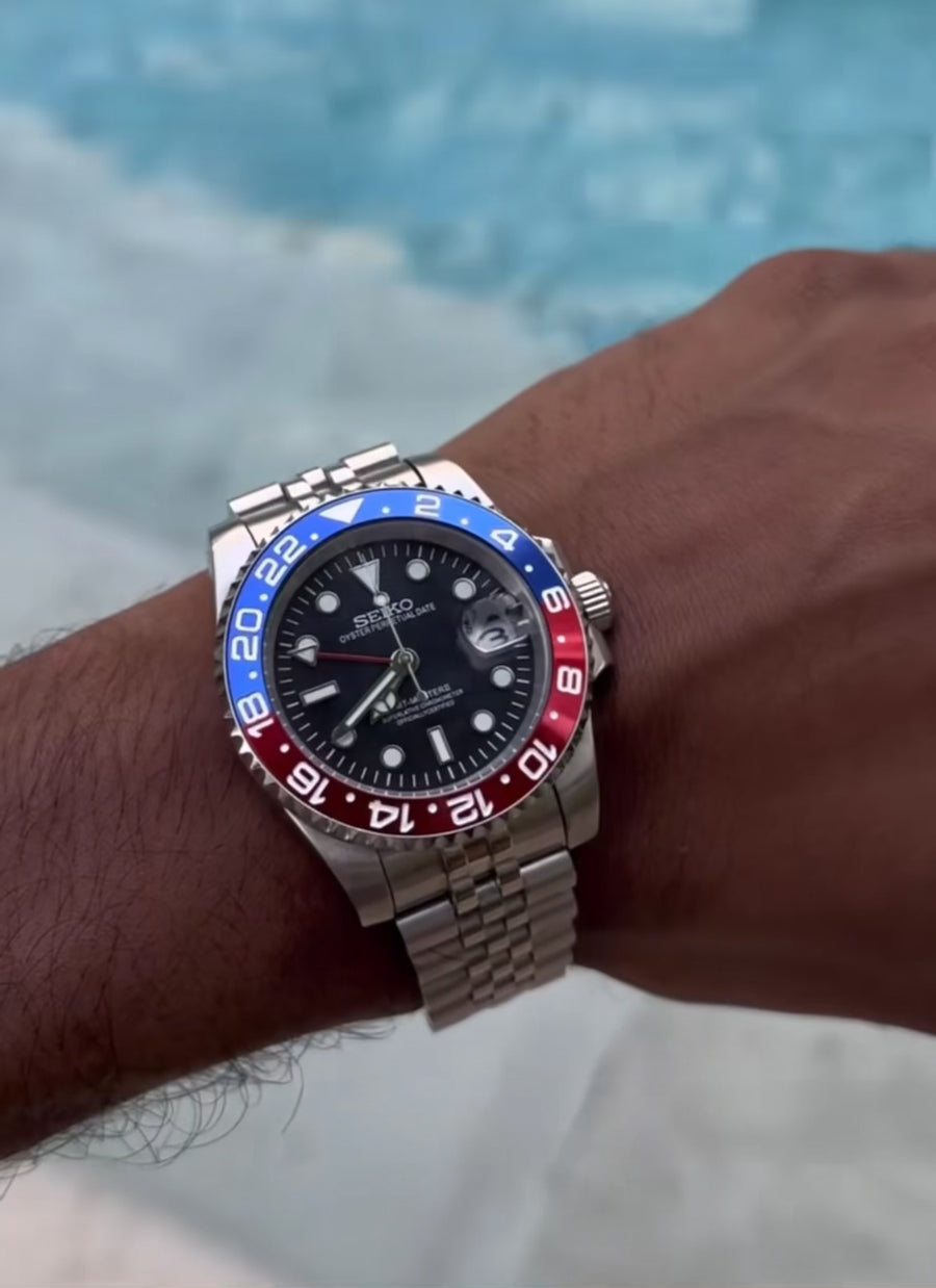 Montre Seiko Mod GMT Bleu et Rouge